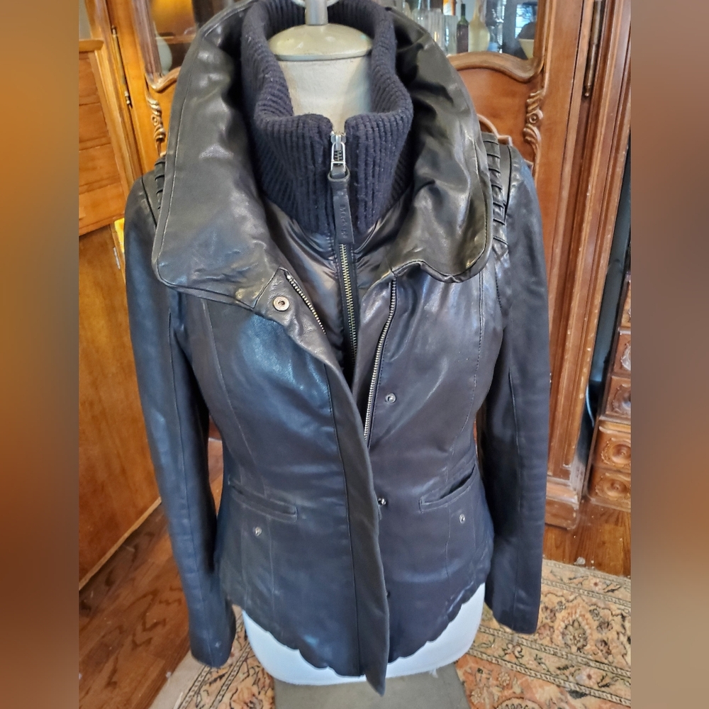 Mackage two part Black Lamb Skin Leather Jacket with Ribbed Collar